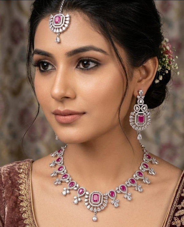 Elegant Diamond Finish Necklace Set (Red & Pink Stones)