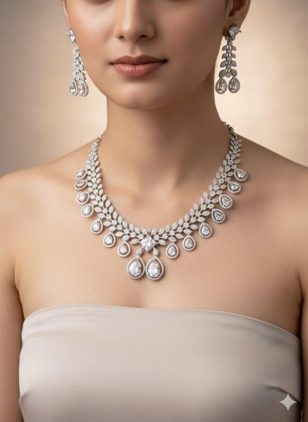 White Crystals Floral Vine Cascade Necklace Set