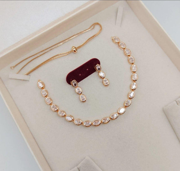 Rose Gold Plated Oval Shaped CZ Necklace Set
