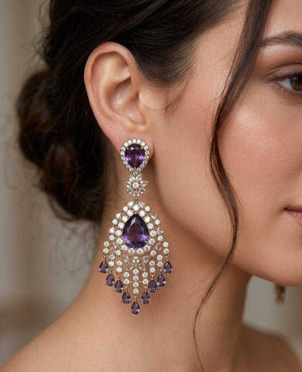 High Quality long AD Earrings Rhodium polish and Mehendi polish