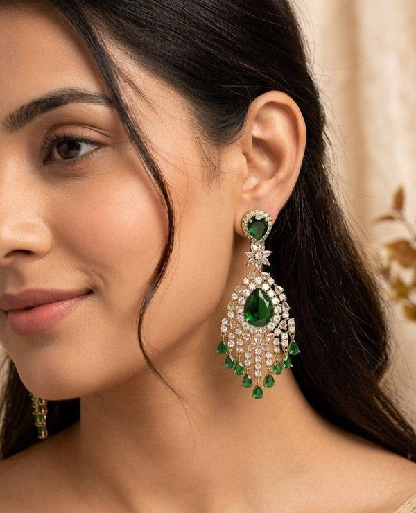 High Quality long AD Earrings Rhodium polish and Mehendi polish