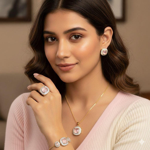 Dual tone plated CZ American Diamonds Combo sets Pendant set with earrings, Finger ring & Adjustable bracelet