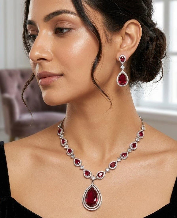 Elegant Diamond Finish Necklace Set (Red & Pink Stones)