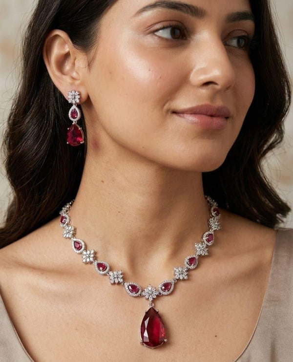 Elegant Ruby Drop Diamond Necklace Set