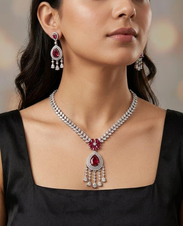 Elegant Diamond Finish Necklace Set (Red & Pink Stones)