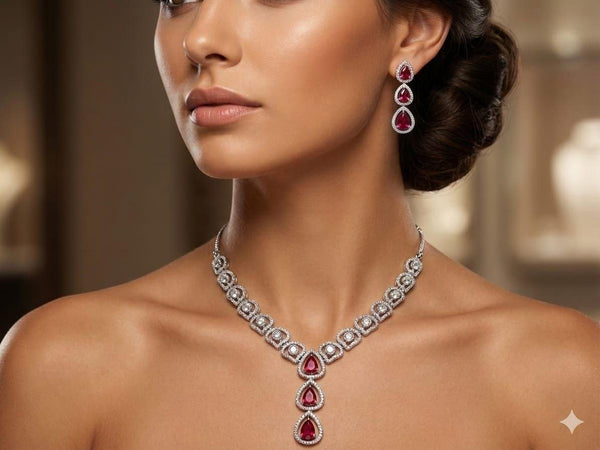 Premium Royal Ruby & Diamond Finish Jewellery Set