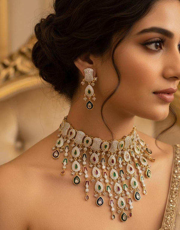 CZ Diamond Necklace set with Meenakari work