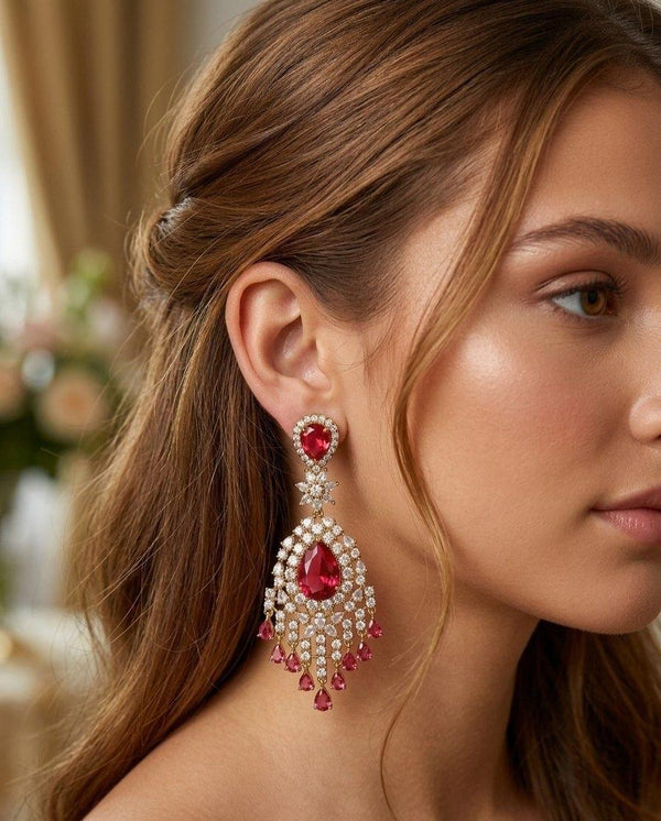 High Quality long AD Earrings Rhodium polish and Mehendi polish