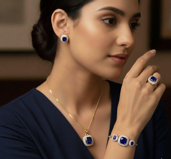Dual tone plated CZ American Diamonds Combo sets Pendant set with earrings, Finger ring & Adjustable bracelet