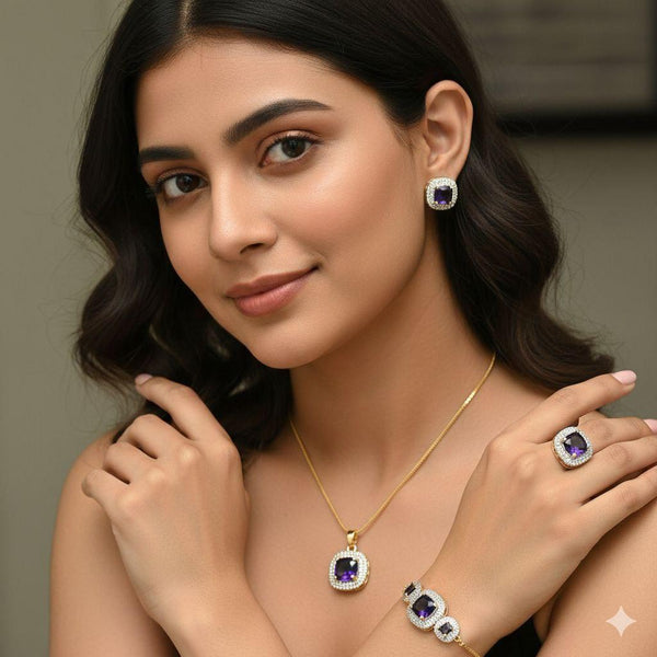 Dual tone plated CZ American Diamonds Combo sets Pendant set with earrings, Finger ring & Adjustable bracelet