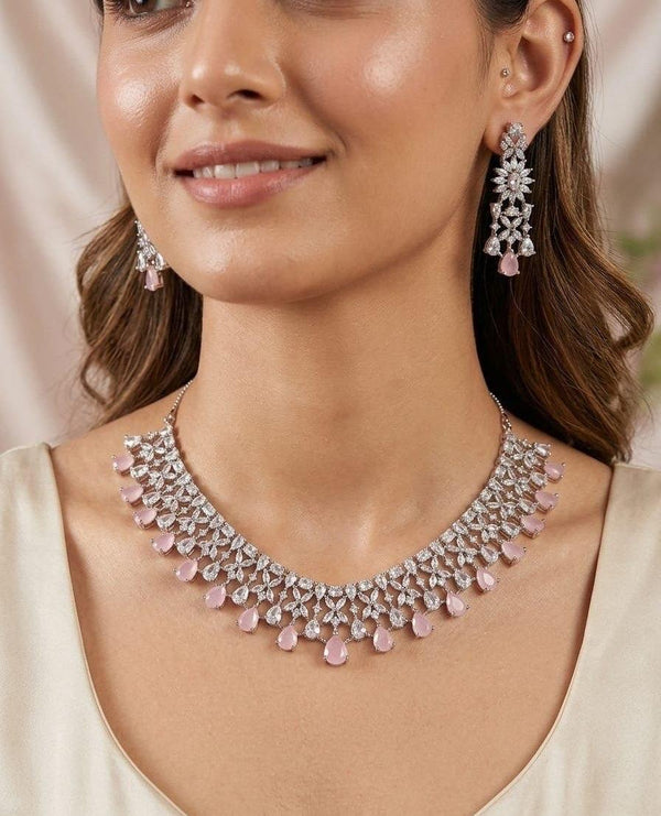 Elegant Diamond Finish Necklace Set (Red & Pink Stones)